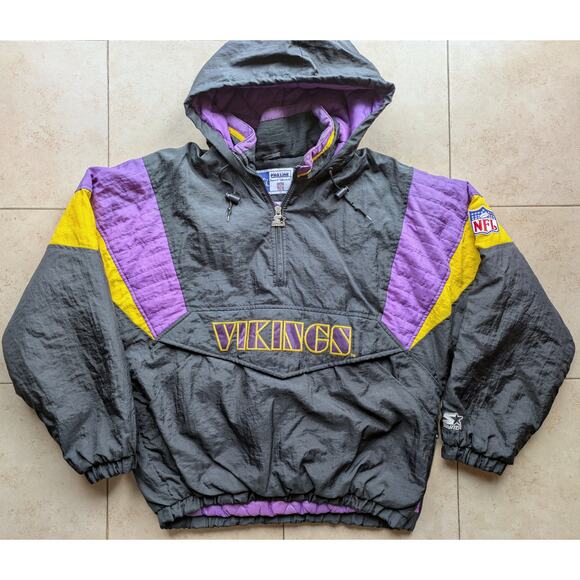 Minnesota Vikings 90s STARTER 1/2 puffer Pullover M blk purple NFL Pro vintage - Picture 1 of 5